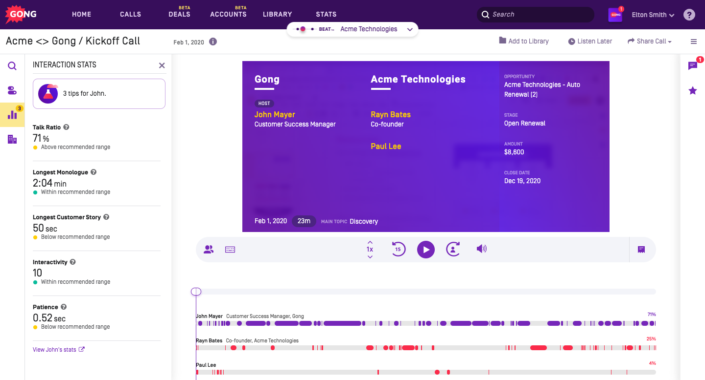 Gong provides revenue intelligence and deal analytics
