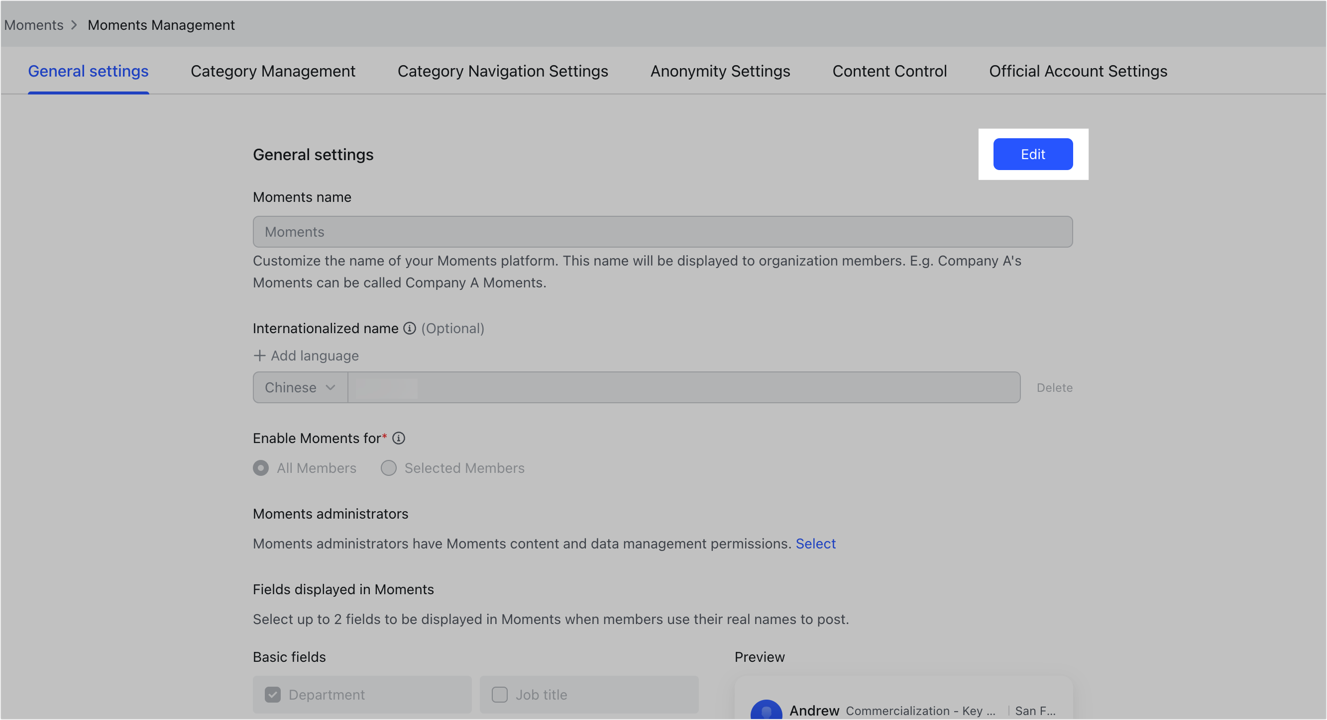 Admin | Set display fields in Moments