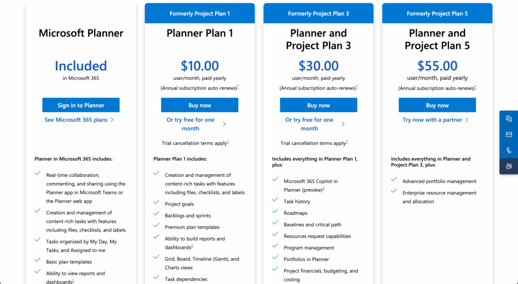 Microsoft Planner pricing structure