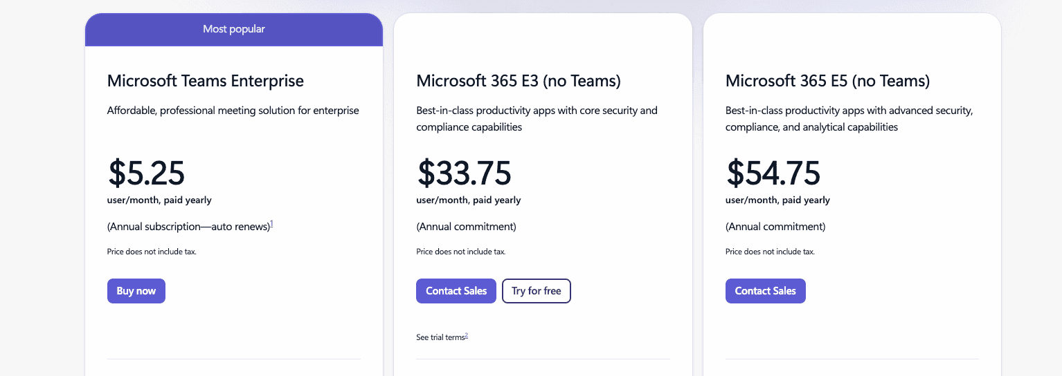 Microsoft Teams pricing plans for enterprises, with prices and features included