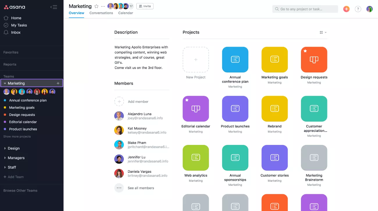 Asana marketing workspace with projects overview