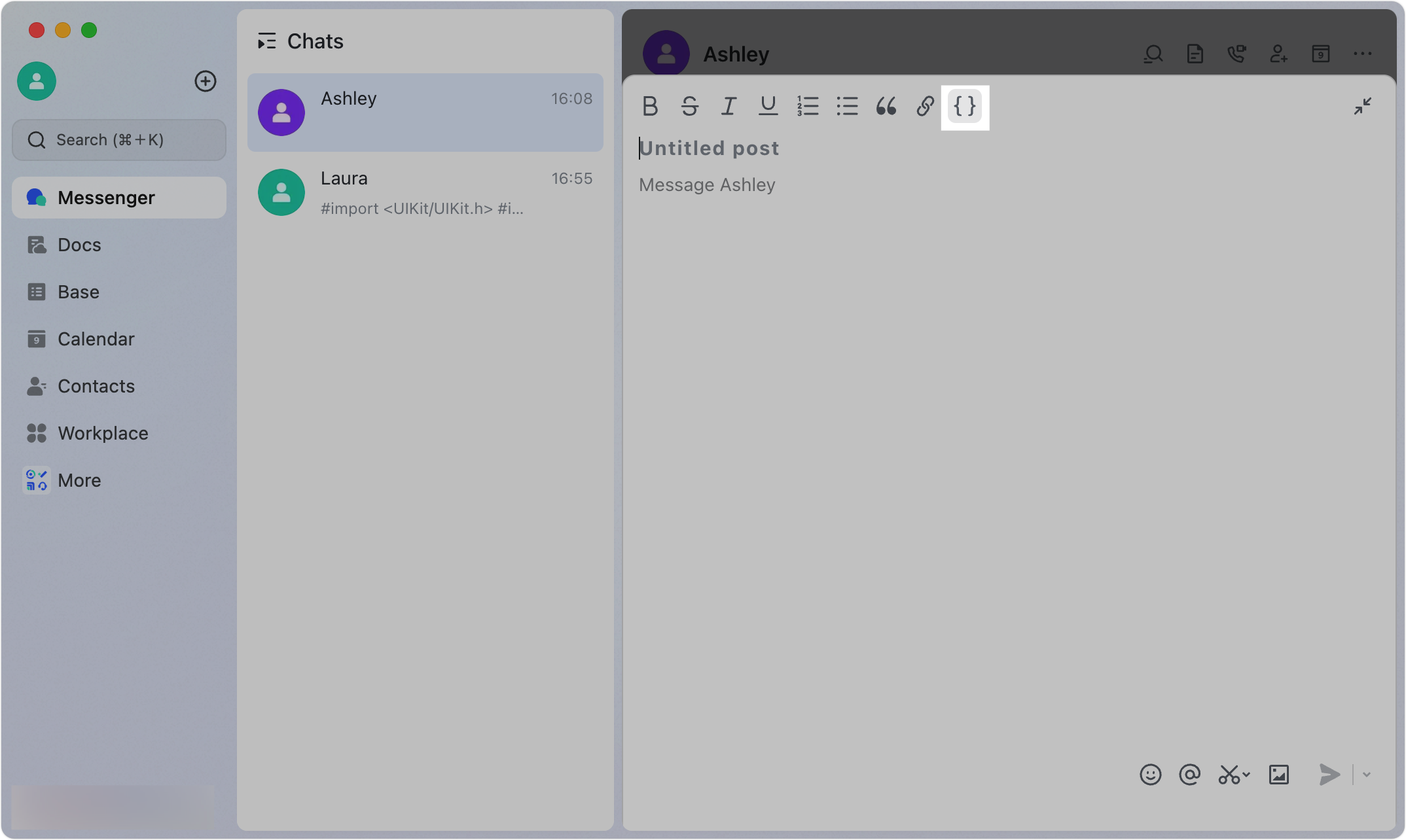 Use the code block message function
