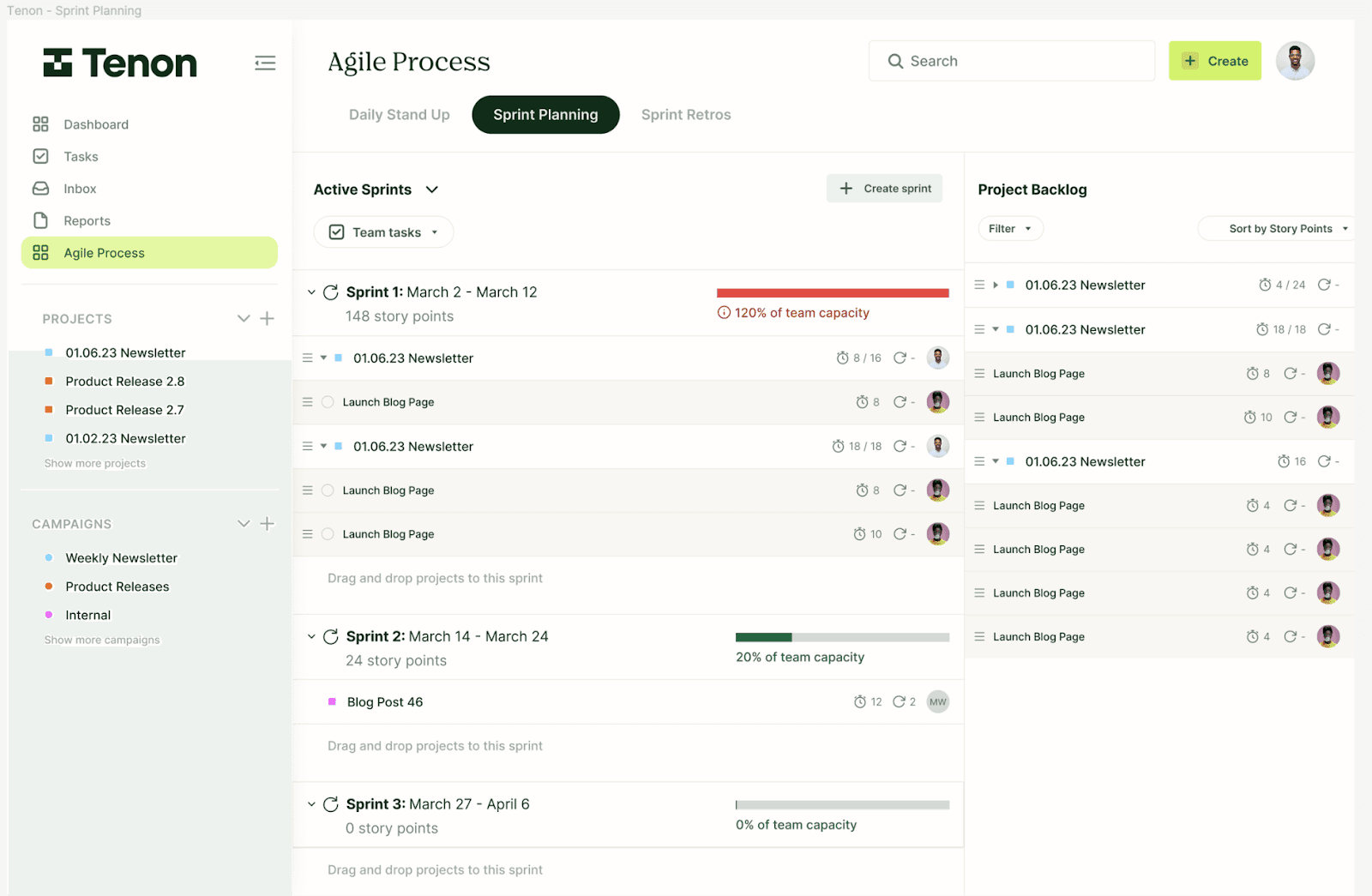 Agile automation settings of marketing sprints on Tenon