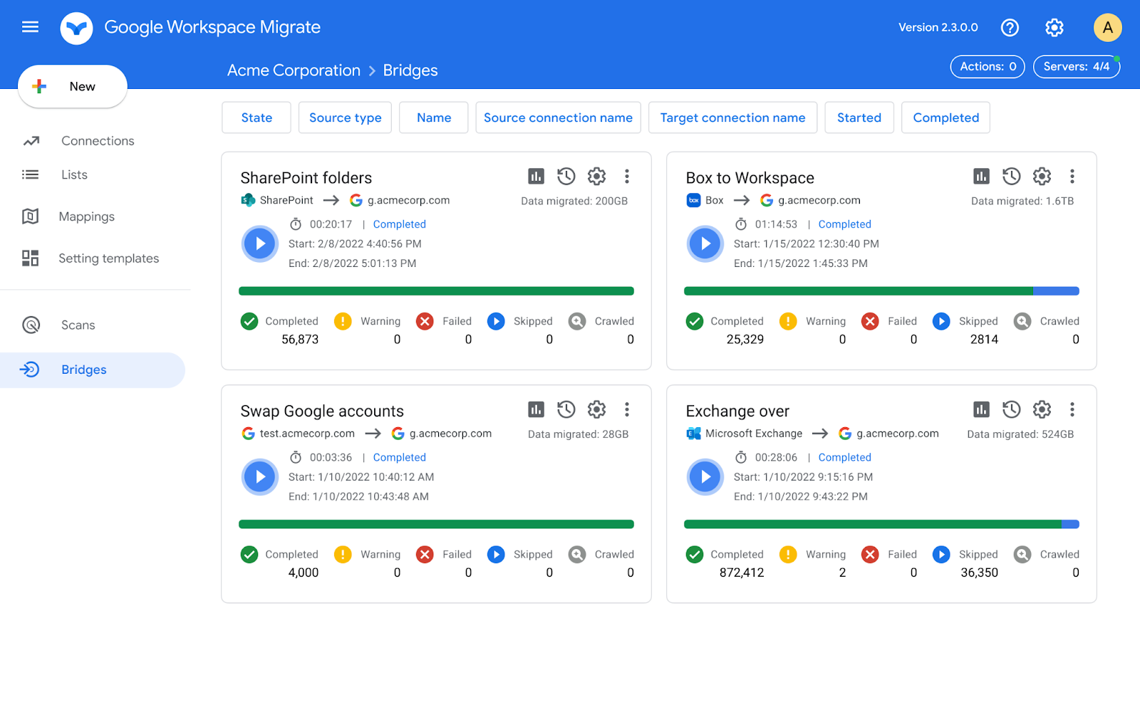 Google Workspace migrate dashboard
