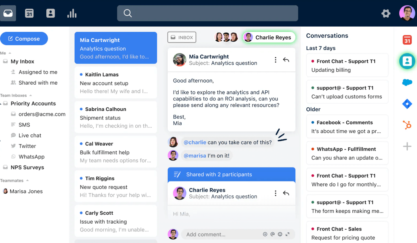 Front shared email inboxes into organized workspaces