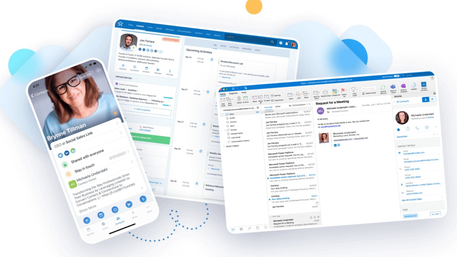 Nimble's CRM with mobile app and desktop interfaces displayed