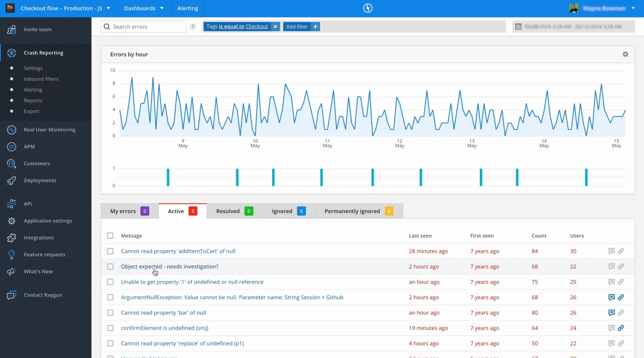 Raygun crash reporting and error diagnostics