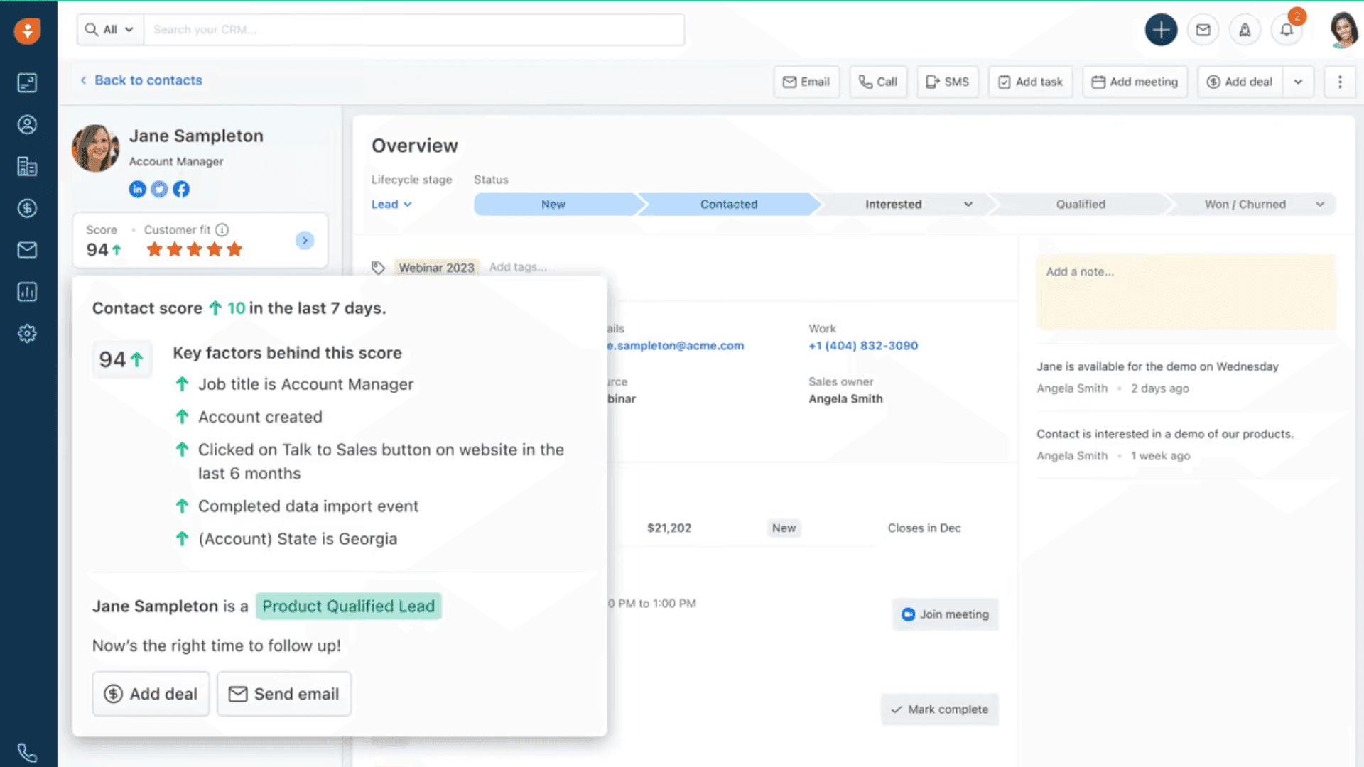Freshsale’s interface for contacts