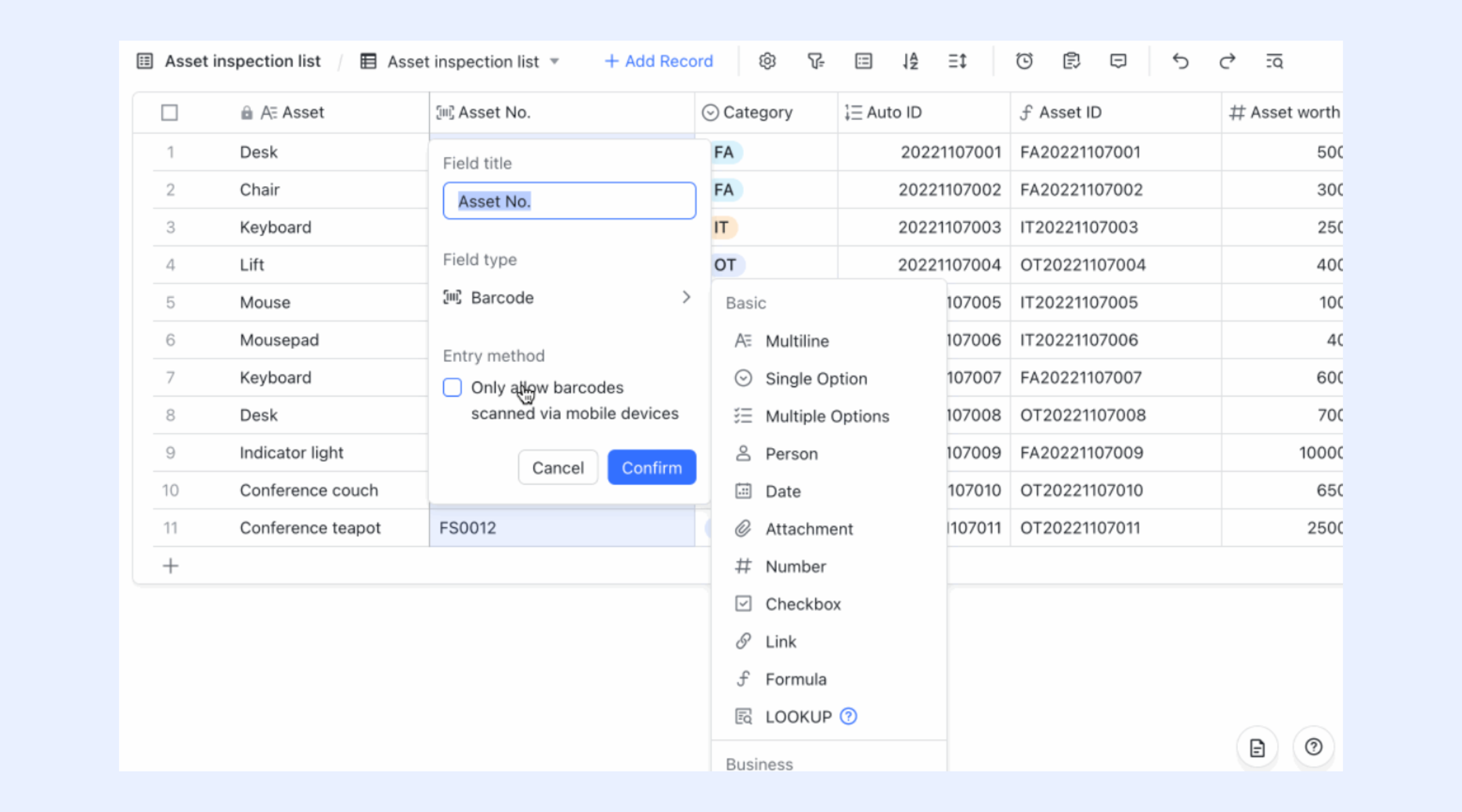 Lark barcode fields for mobile product cataloging