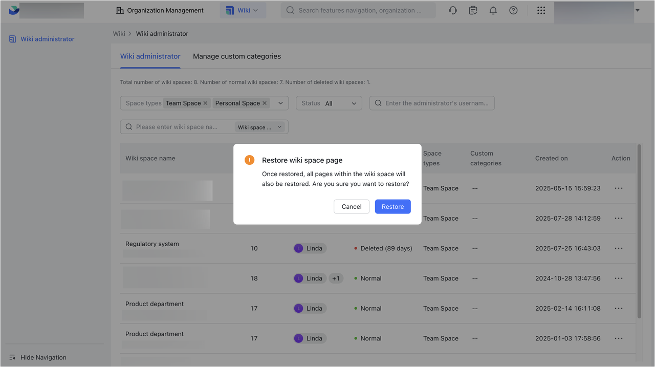 Delete and restore wiki spaces
