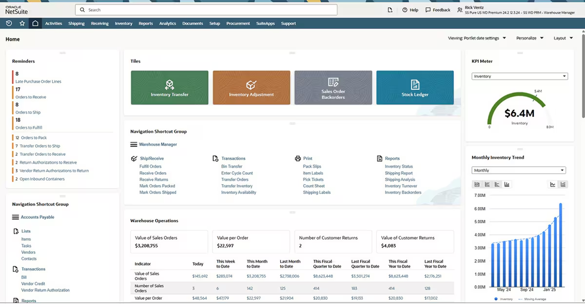Interface of NetSuite, an enterprise-grade warehoue inventory monitoring system
