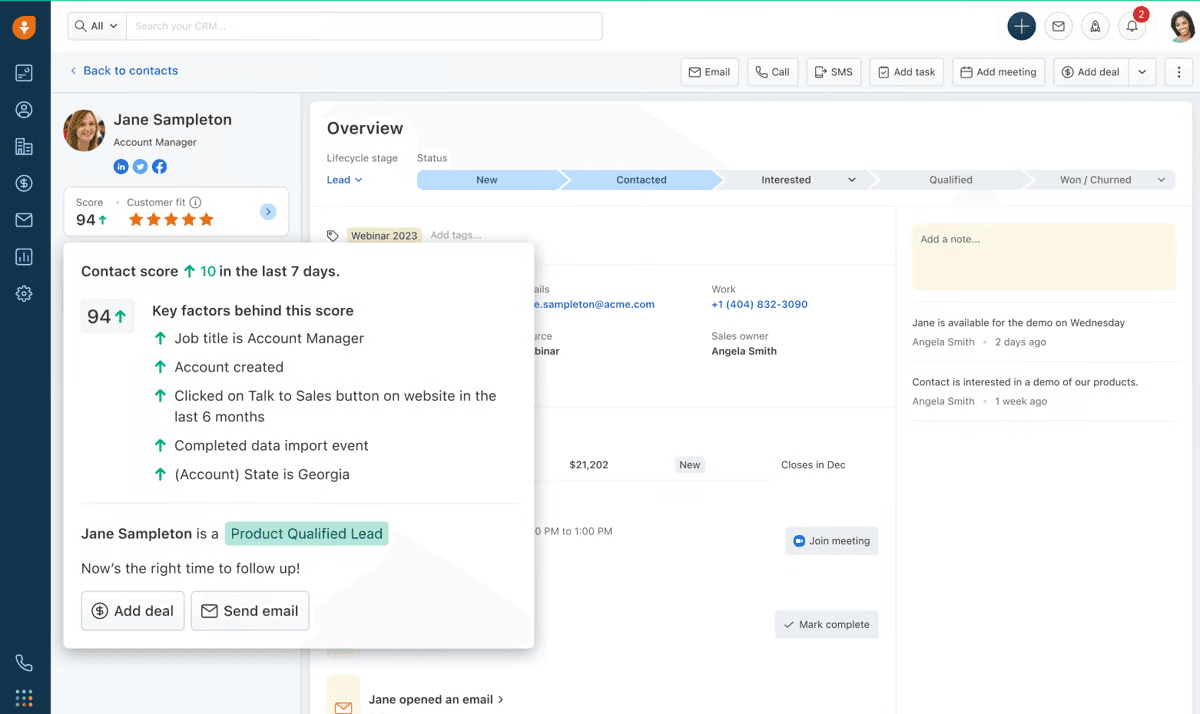 Freshsale’s interface for contact management, with the contact score card opened