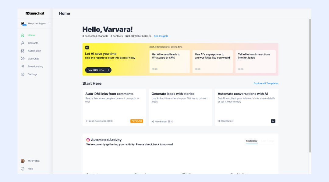 Interface of Manychat