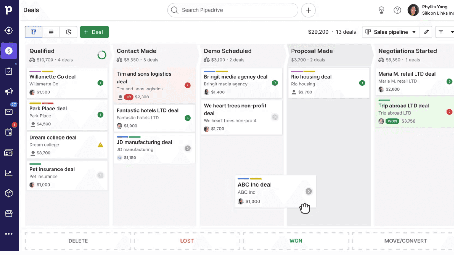 Sales deal progress displayed in Pipedrive&nbsp;