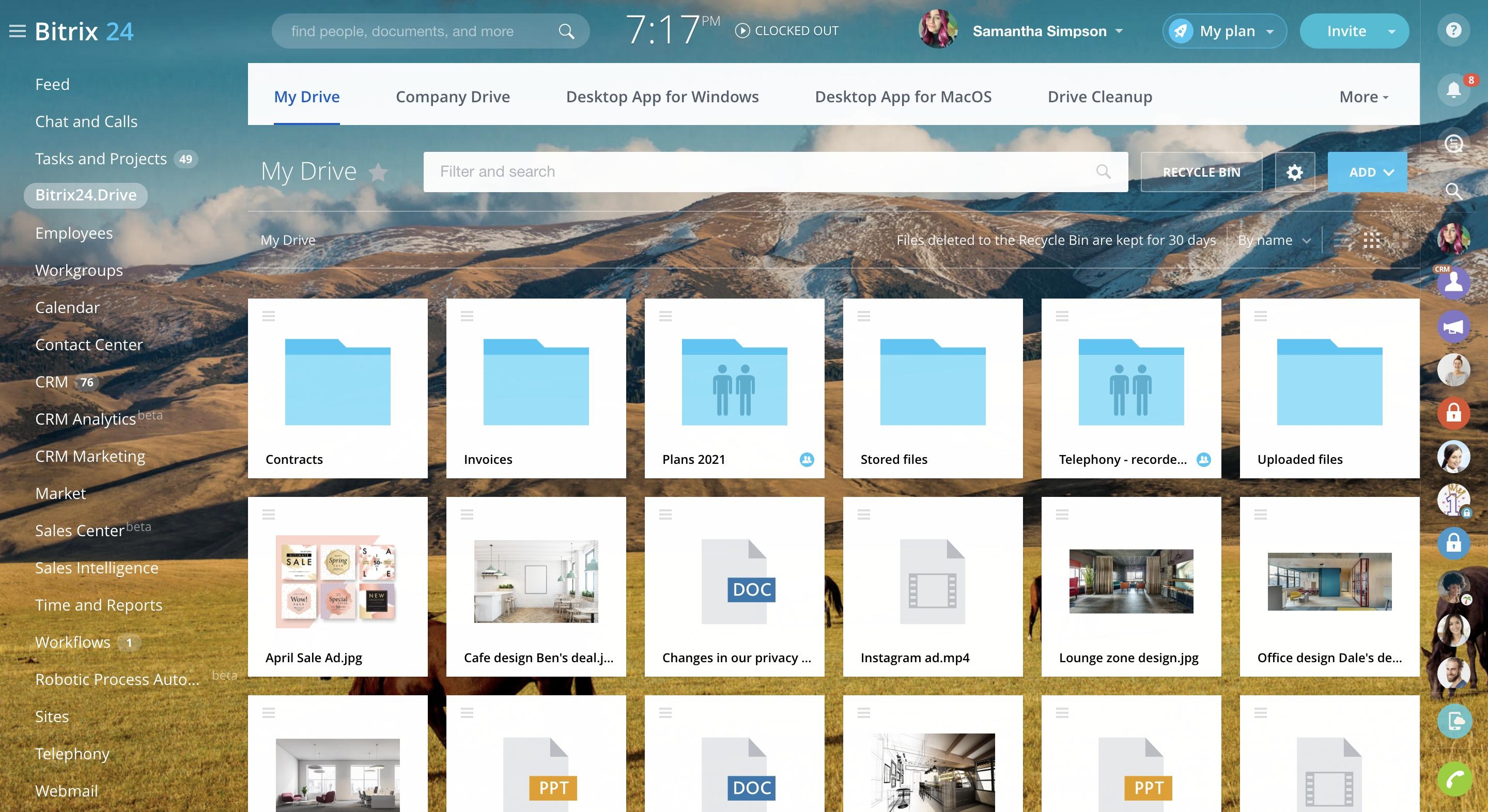 Bitrix24 Drive displays personal and company document storage with files, folders, sharing, revision history, and collaboration tools in a single workspace.