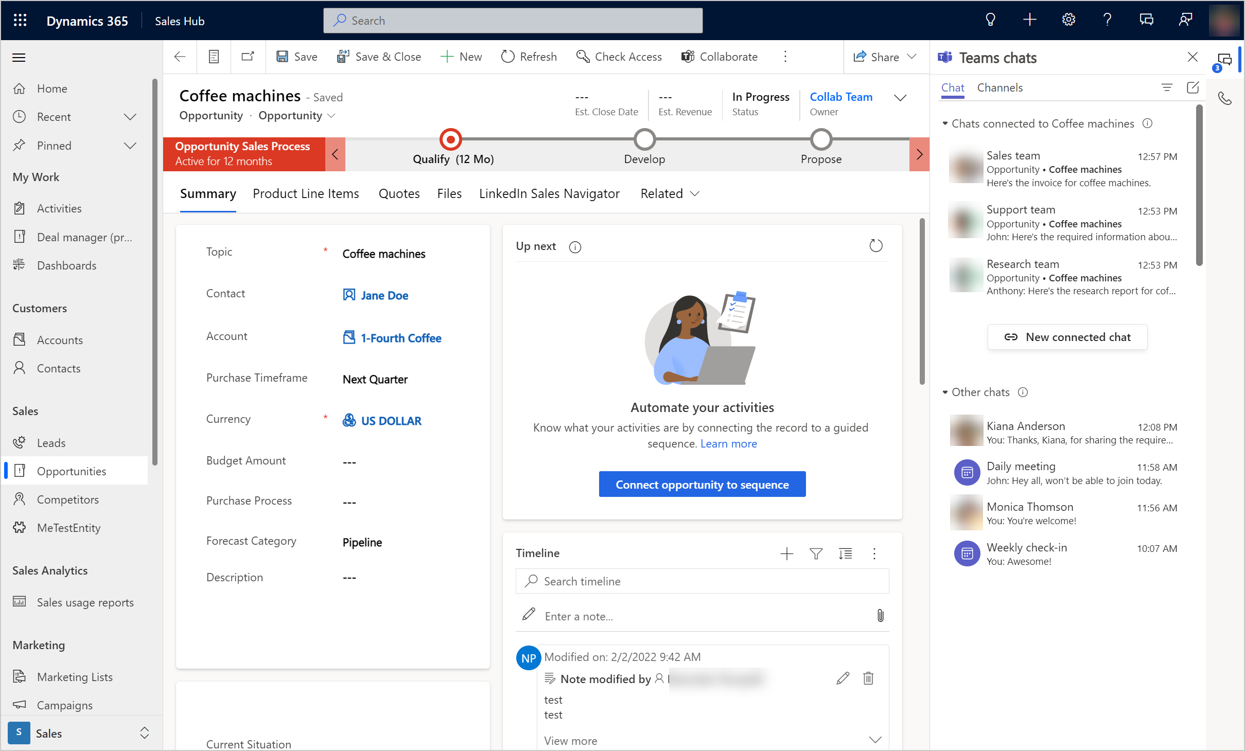 Microsoft Dynamics 365 Sales Hub dashboard
