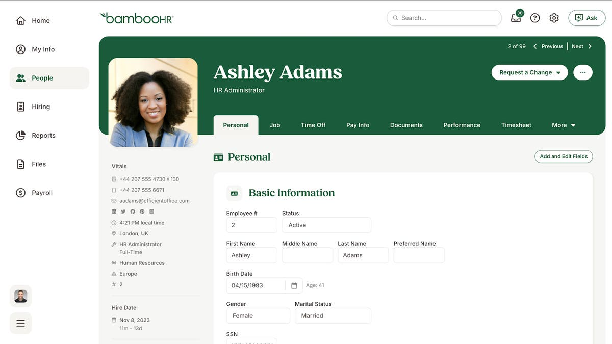 Interface of BambooHR