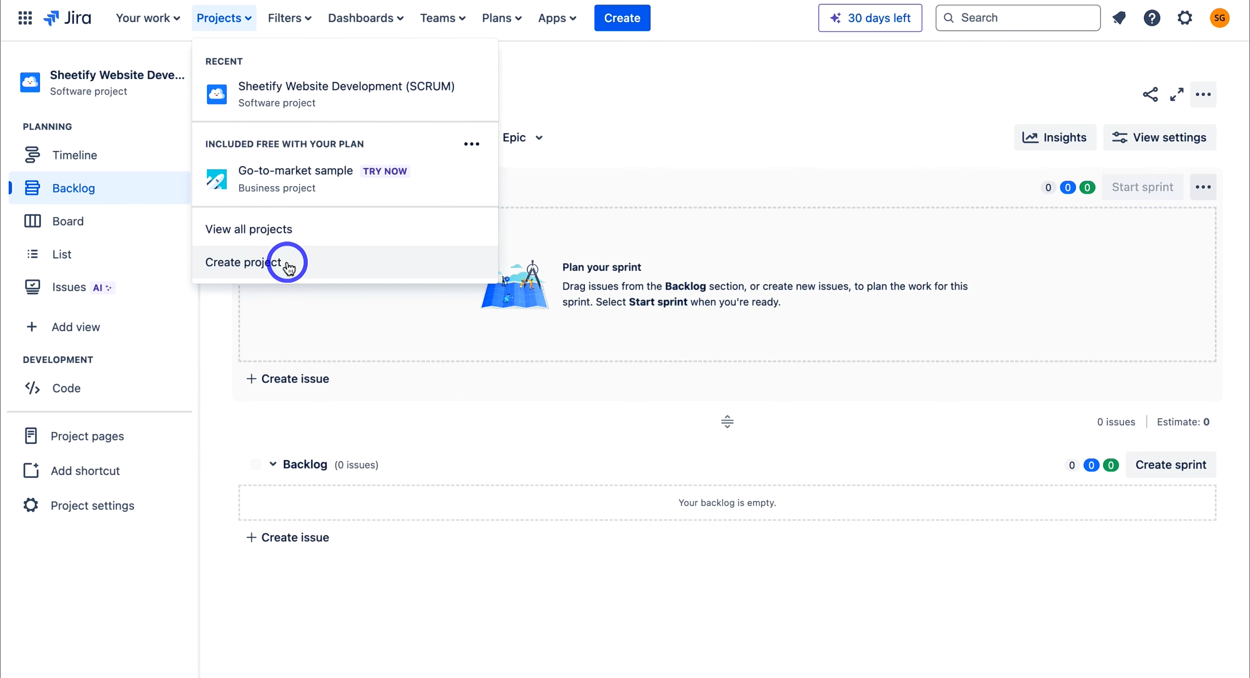 Create a project in Jira