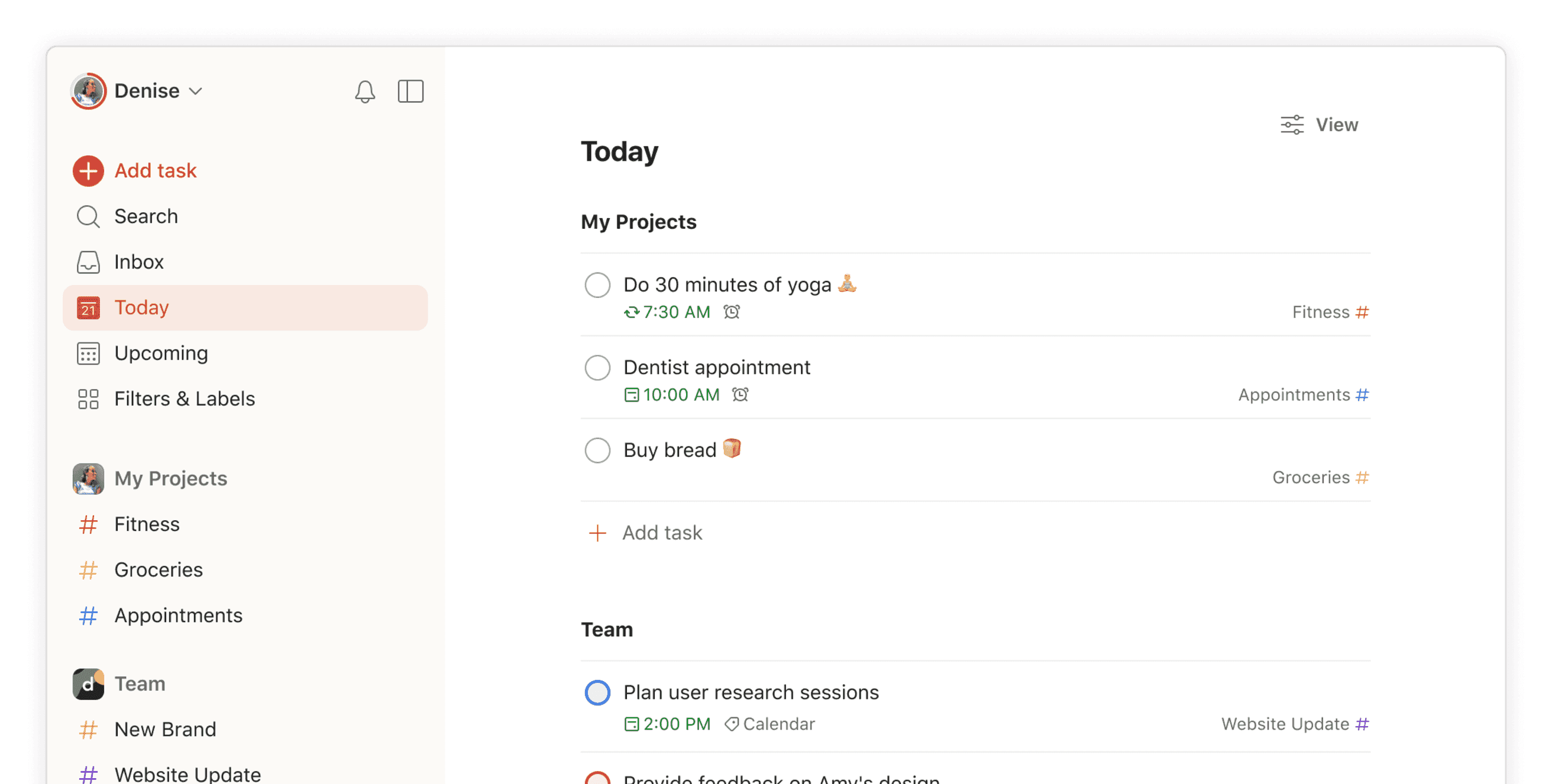 Interface of todoist, showing task tracking for a project