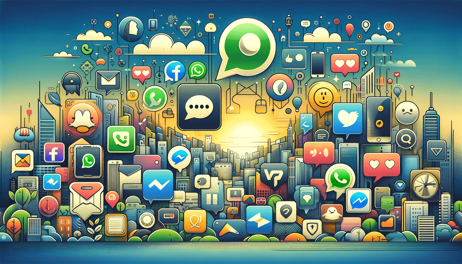 A collection of icons from various messaging apps, including WhatsApp, Telegram, Messenger, Line, Viber, WeChat, and more