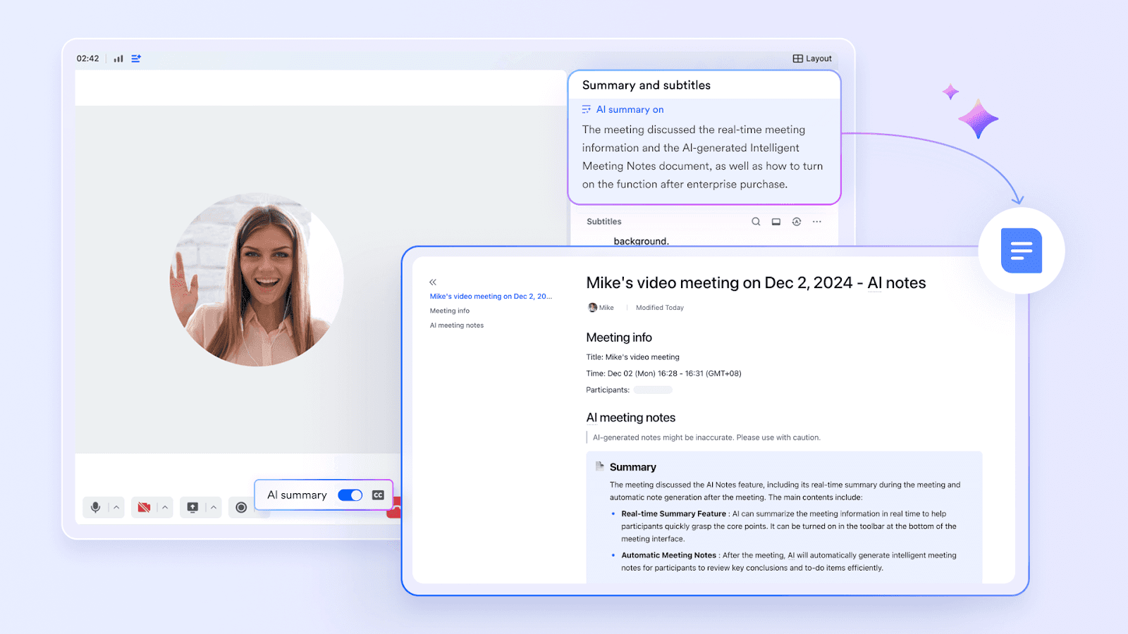 Lark Meetings' AI-generated summary and notes