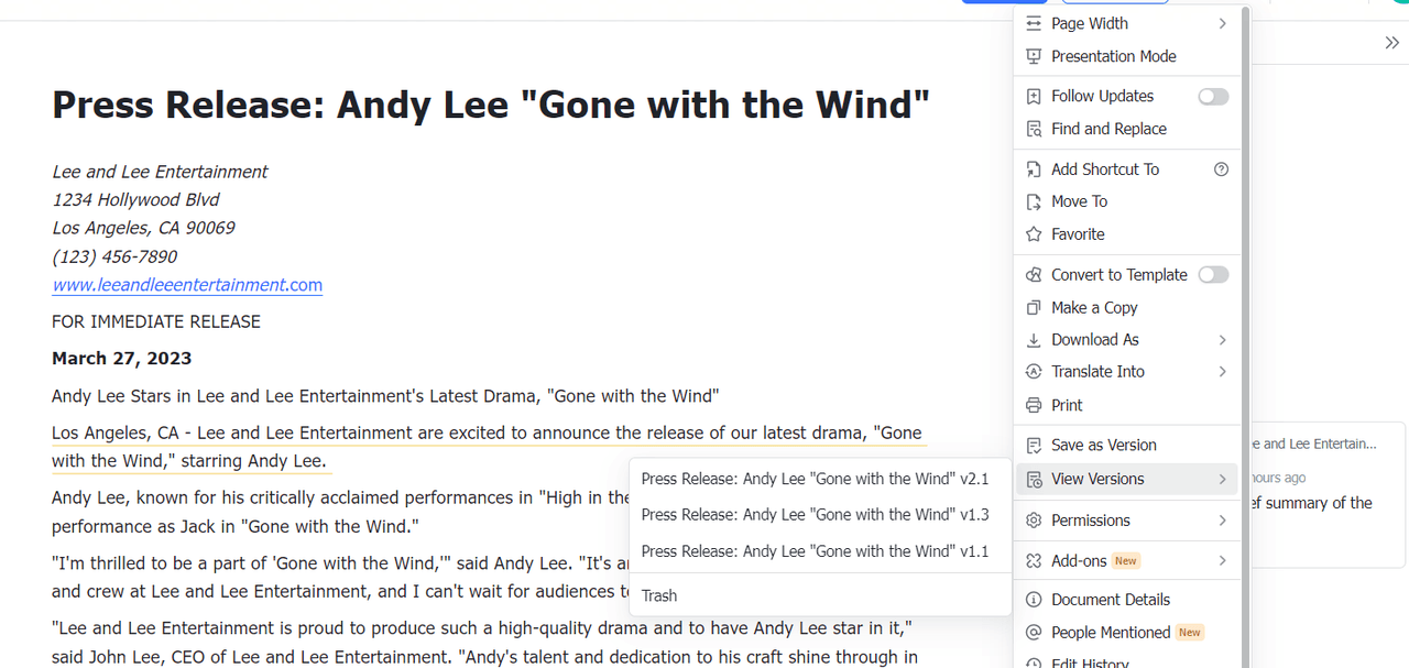 Version control in Lark Docs