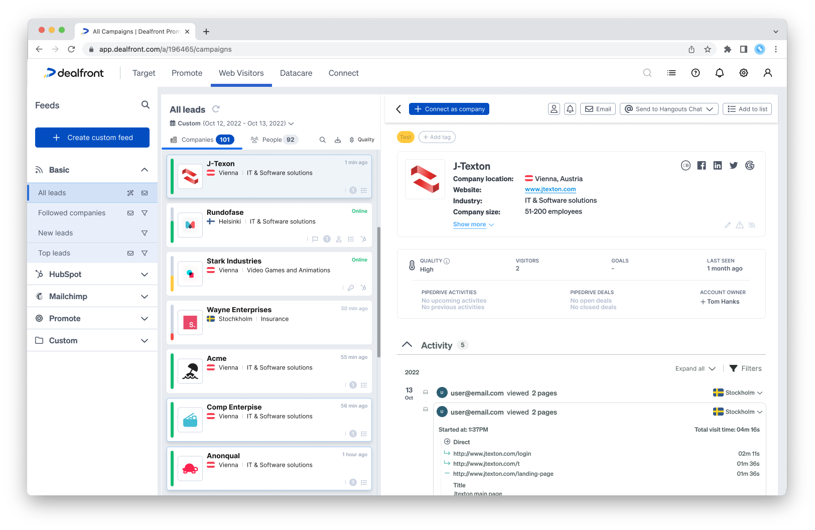 Dealfront interface showing intent signals, website visitor identification, and prospect lists