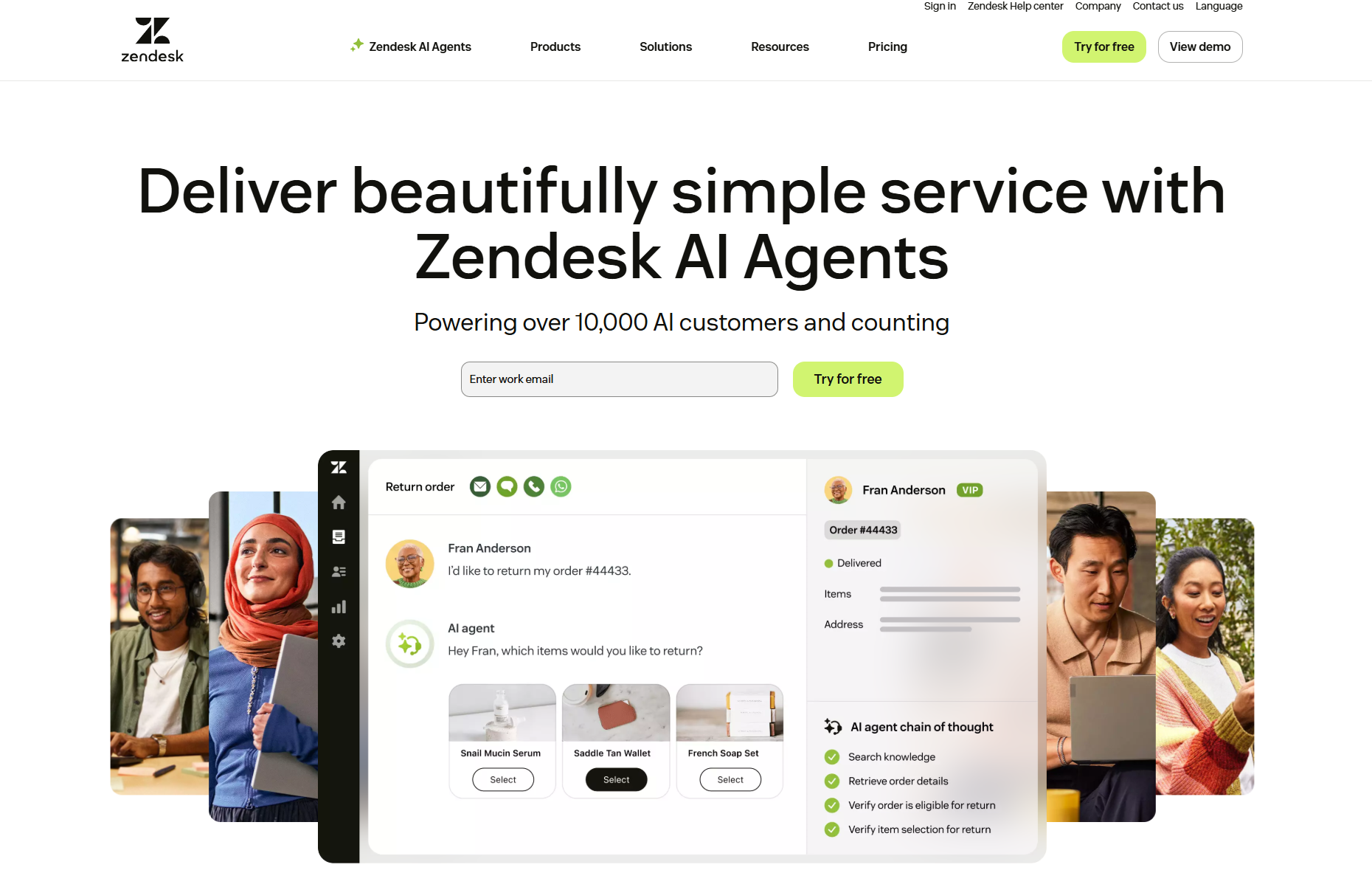 Zendesk interface showing AI agent workflow
