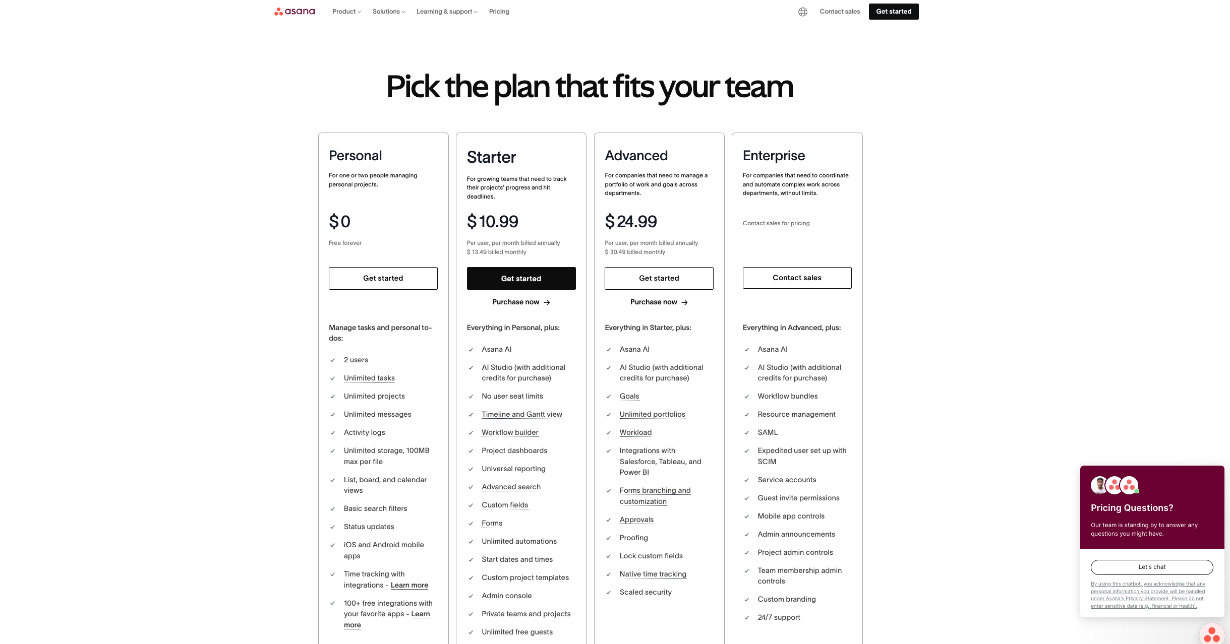 Asana pricing plans