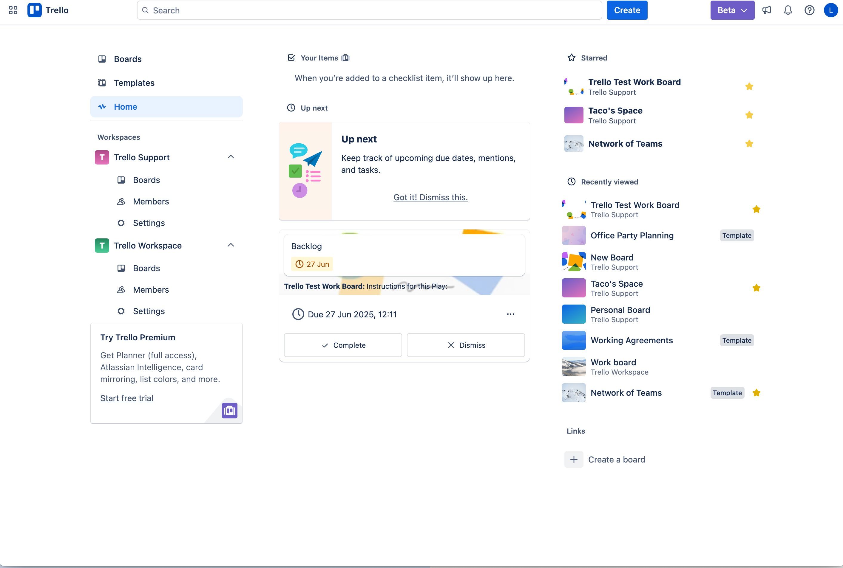 Trello home dashboard showing boards and tasks