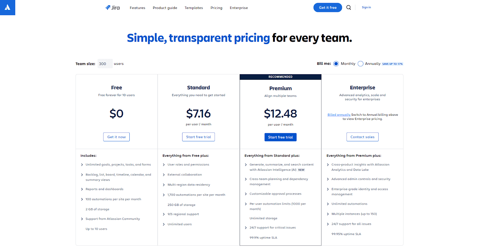 Screenshot of Jira's pricing page