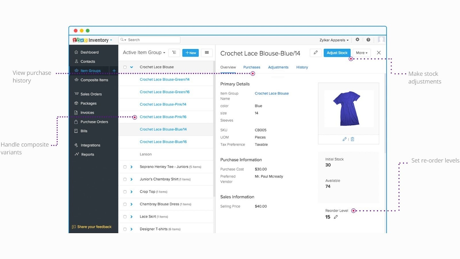 Zoho's management of its multi-channel sales inventory