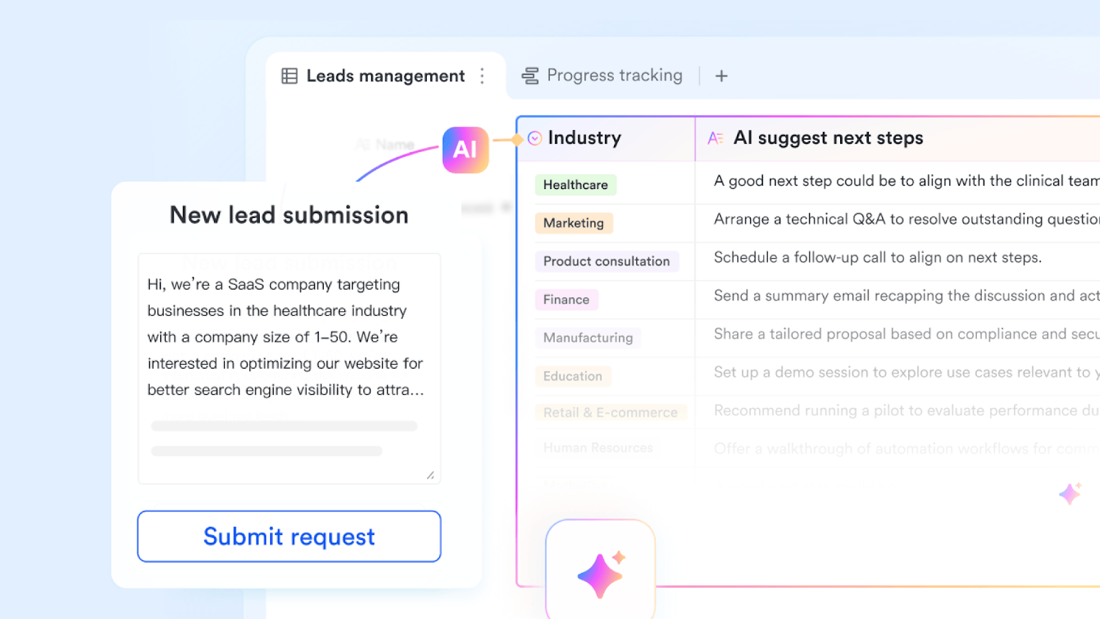 Interface of AI suggesting next steps for leads
