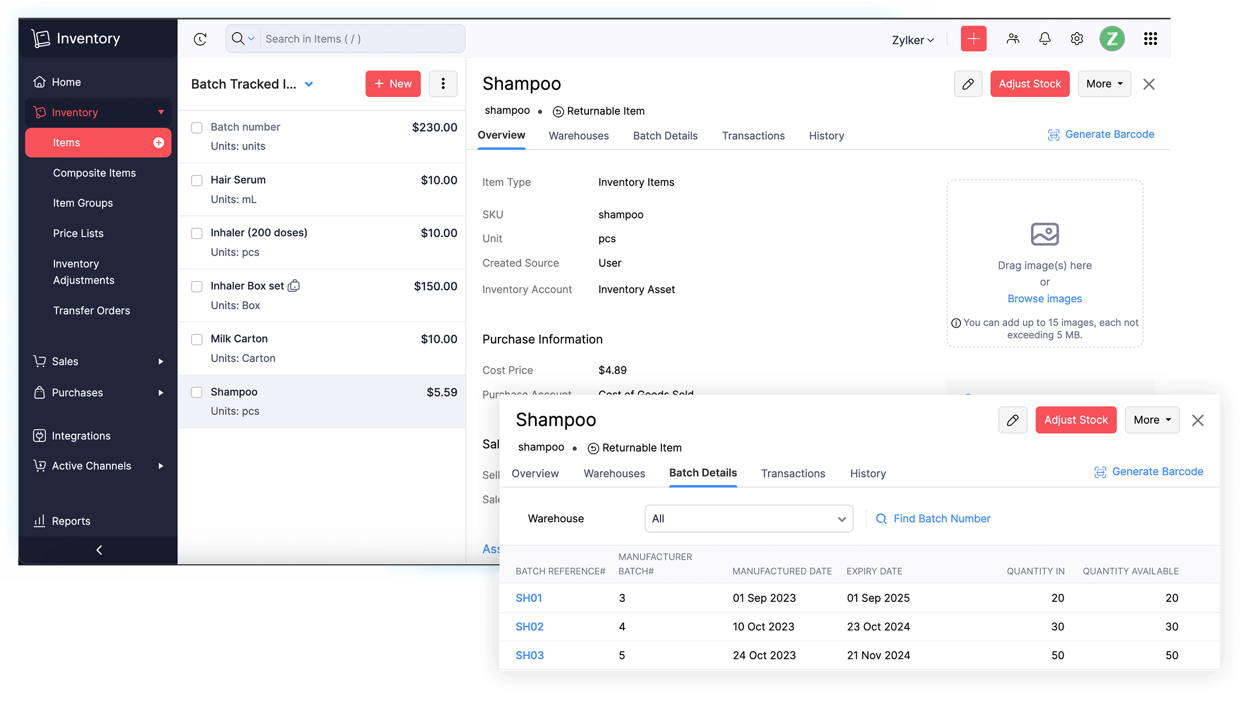 Zoho inventory management tool