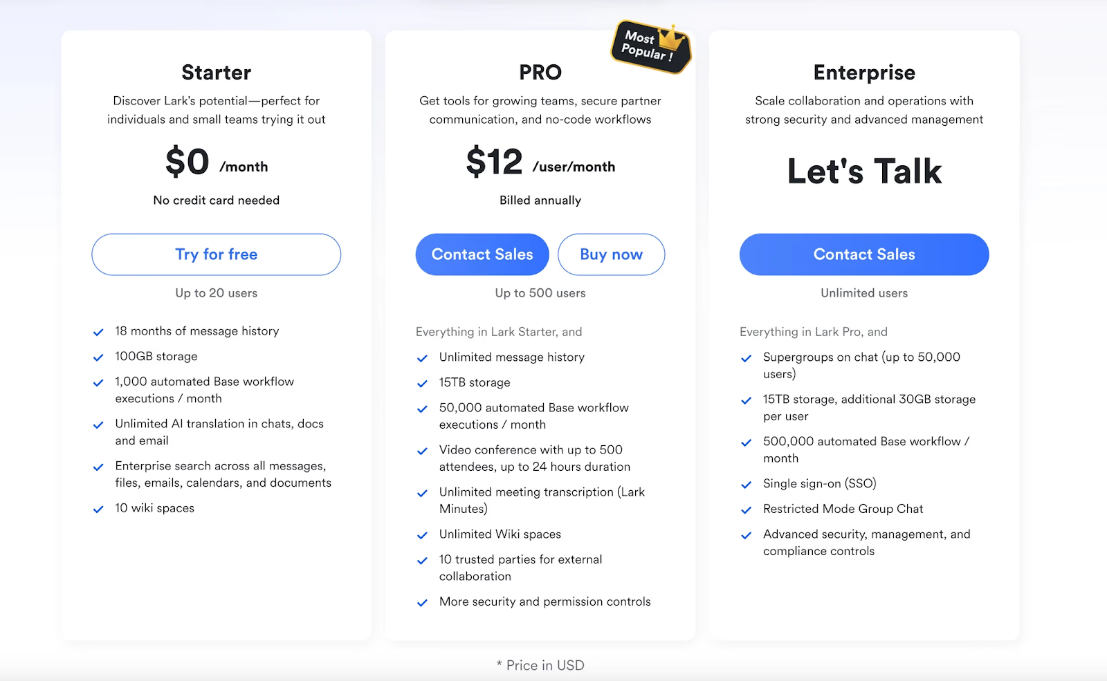 Pricing page of Lark