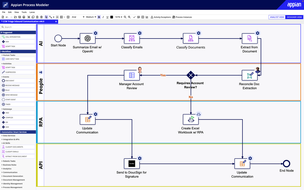 Appian workflow designer showing process maps, automation steps, and integrations