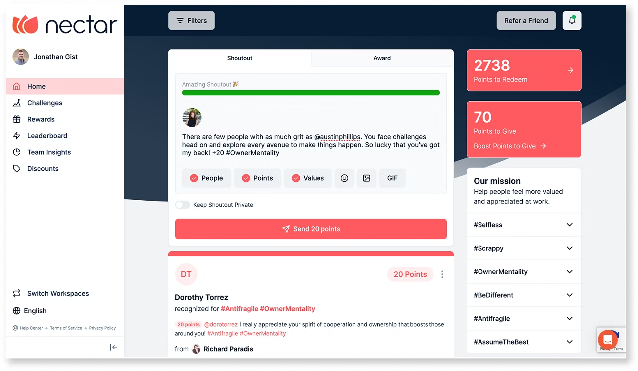 Nectar employee recognition platform for rewards and engagement
