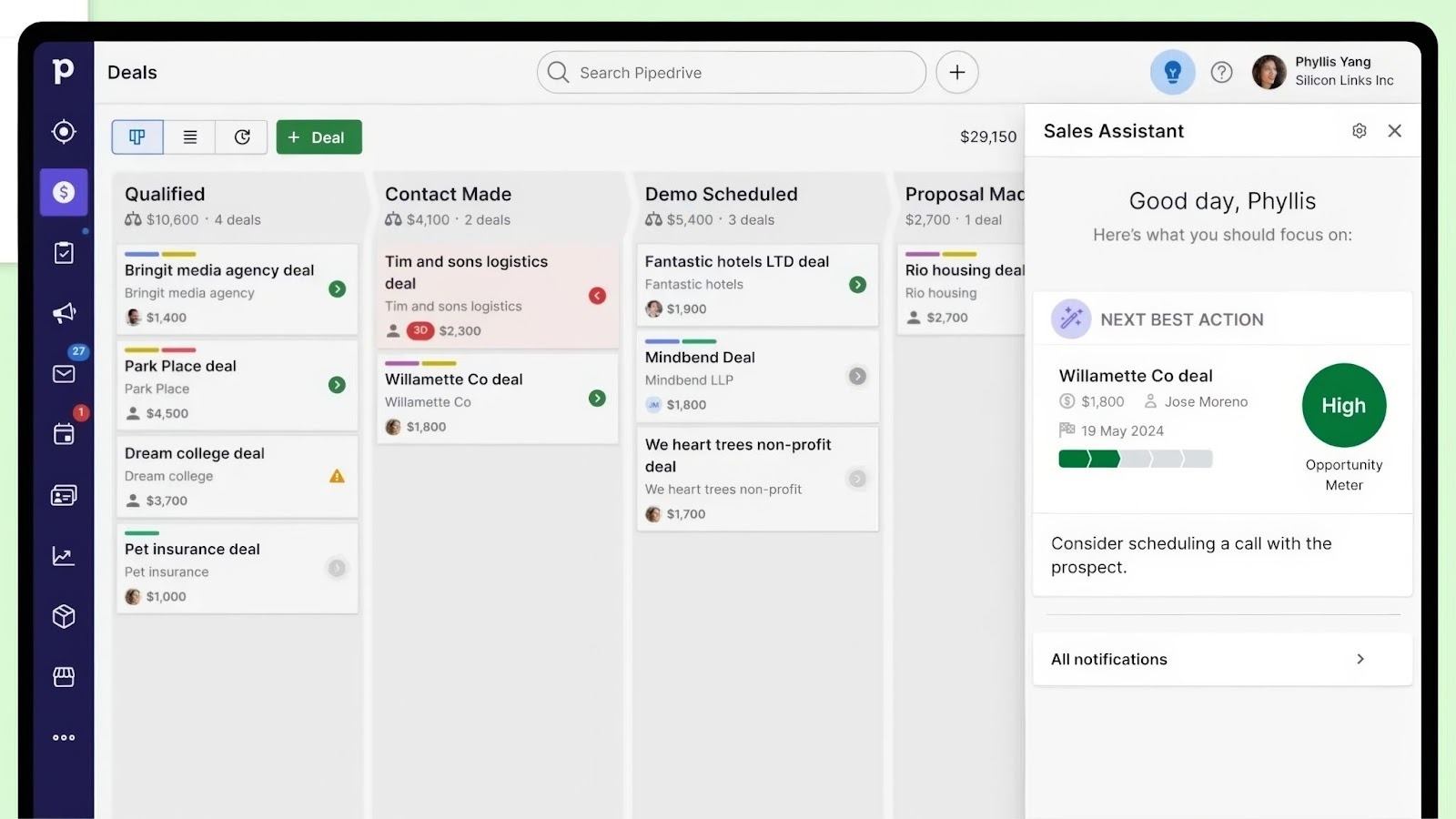 Pipedrive's visual sales pipeline and sales assistant interface
