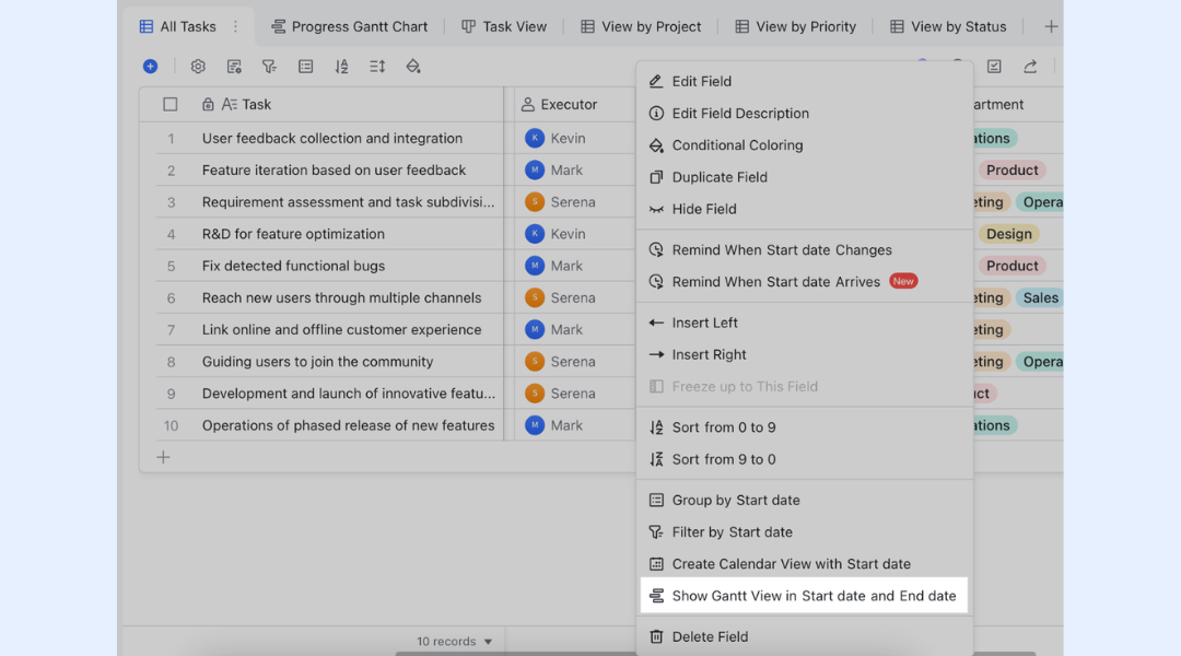 Toggle between your Grid view and the Gantt view in Lark