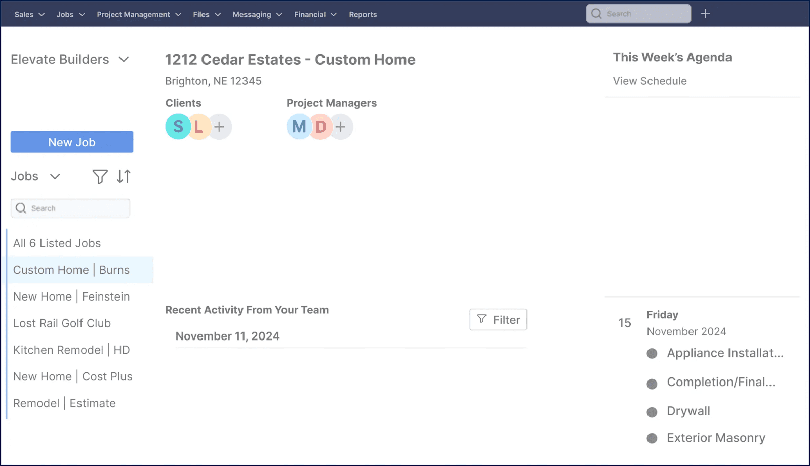 Buildertrend project management dashboard displaying job details