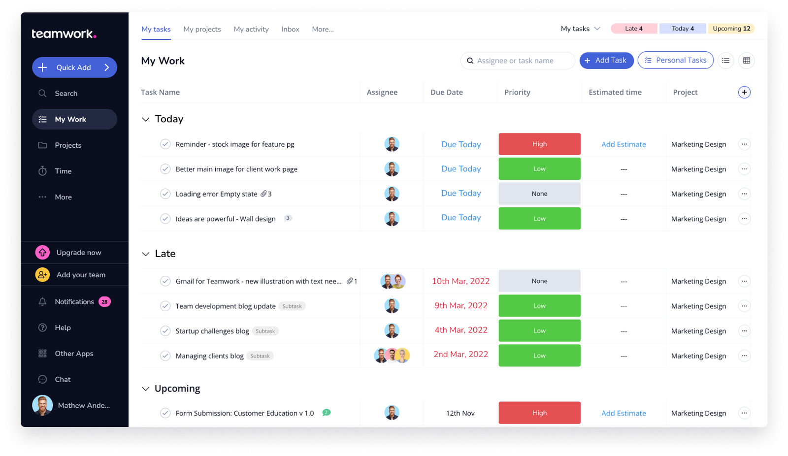 Teamwork My Work dashboard with task list