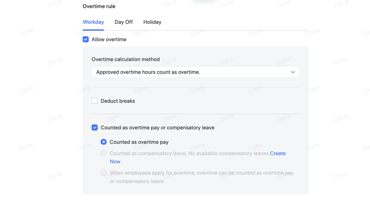 Screenshot of Lark Overtime Rule-setting feature