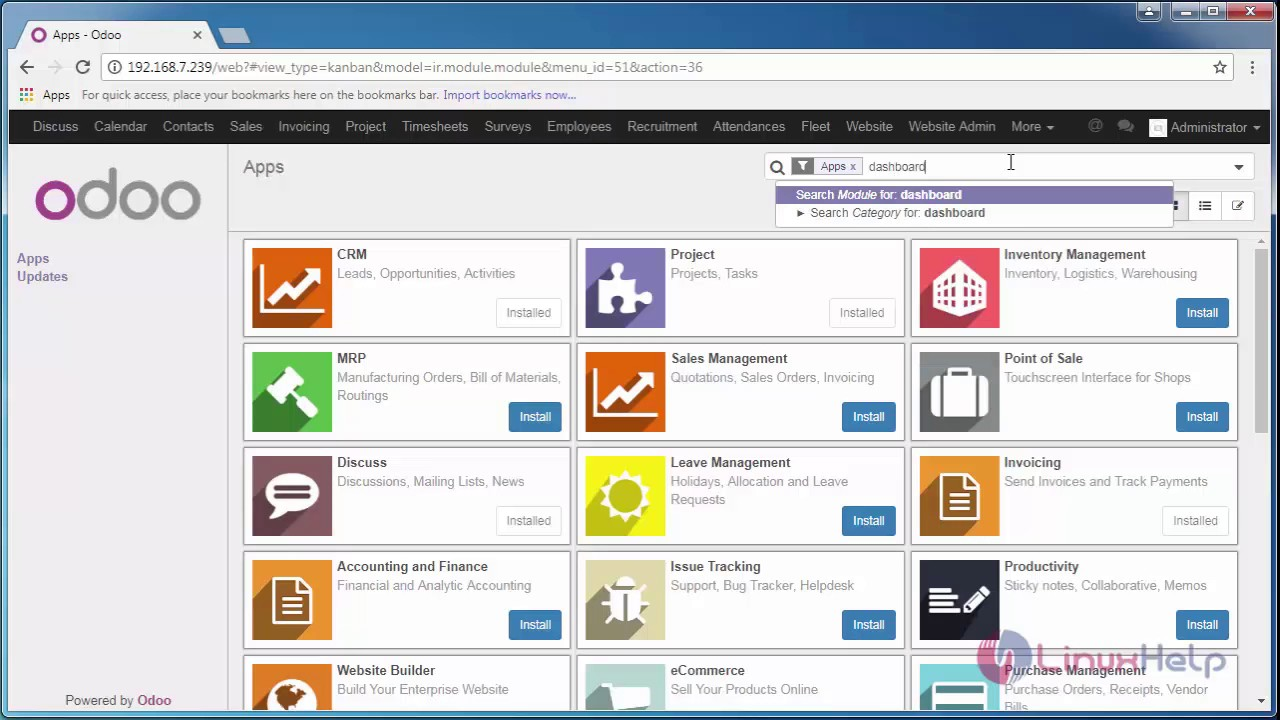 Odoo dashboard showing ERP modules for sales, inventory, accounting, and manufacturing