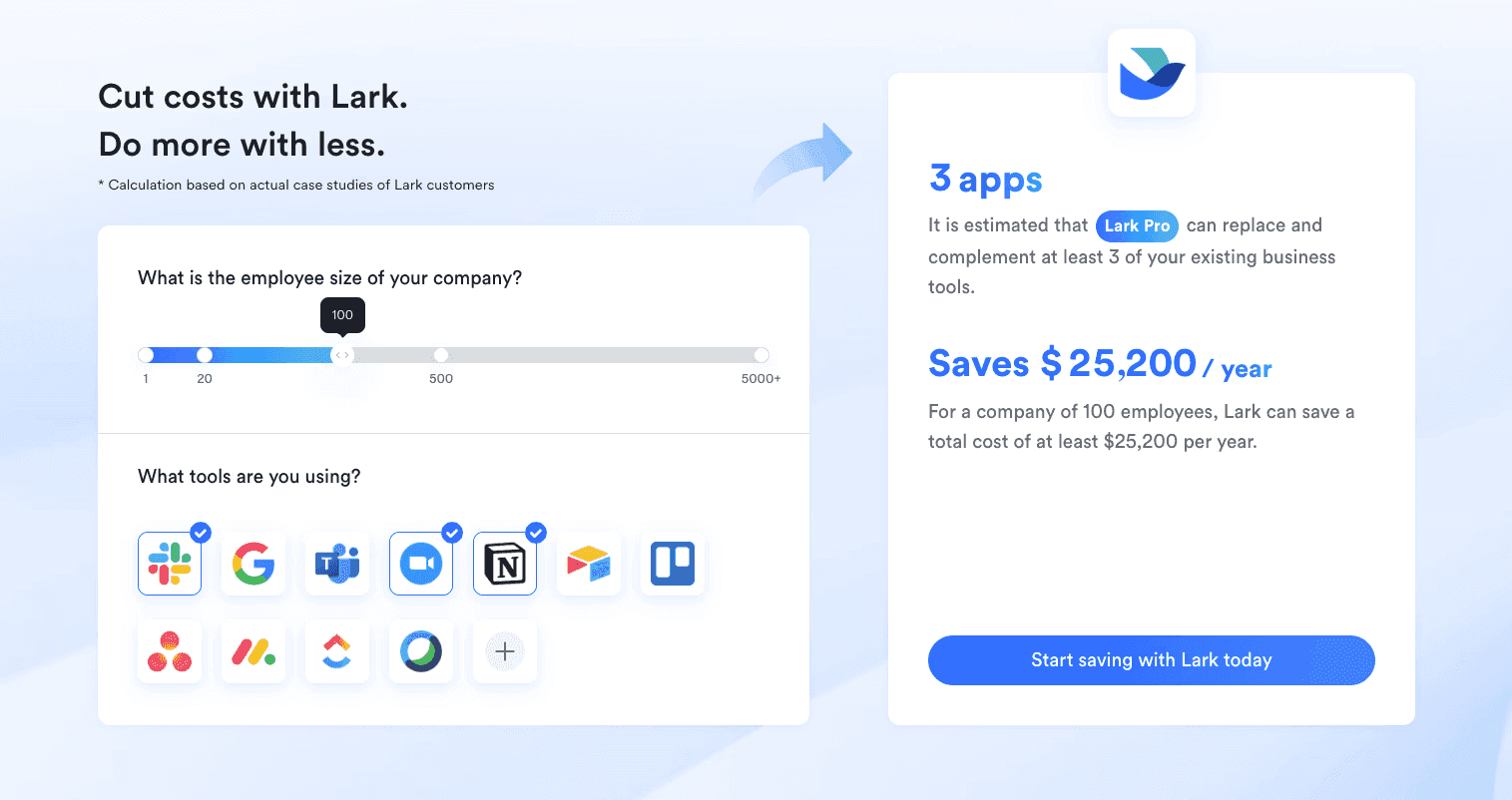 An image of Lark's pricing calculator