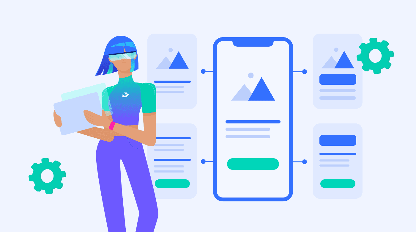A graphic showing a user analyzing a mobile application.