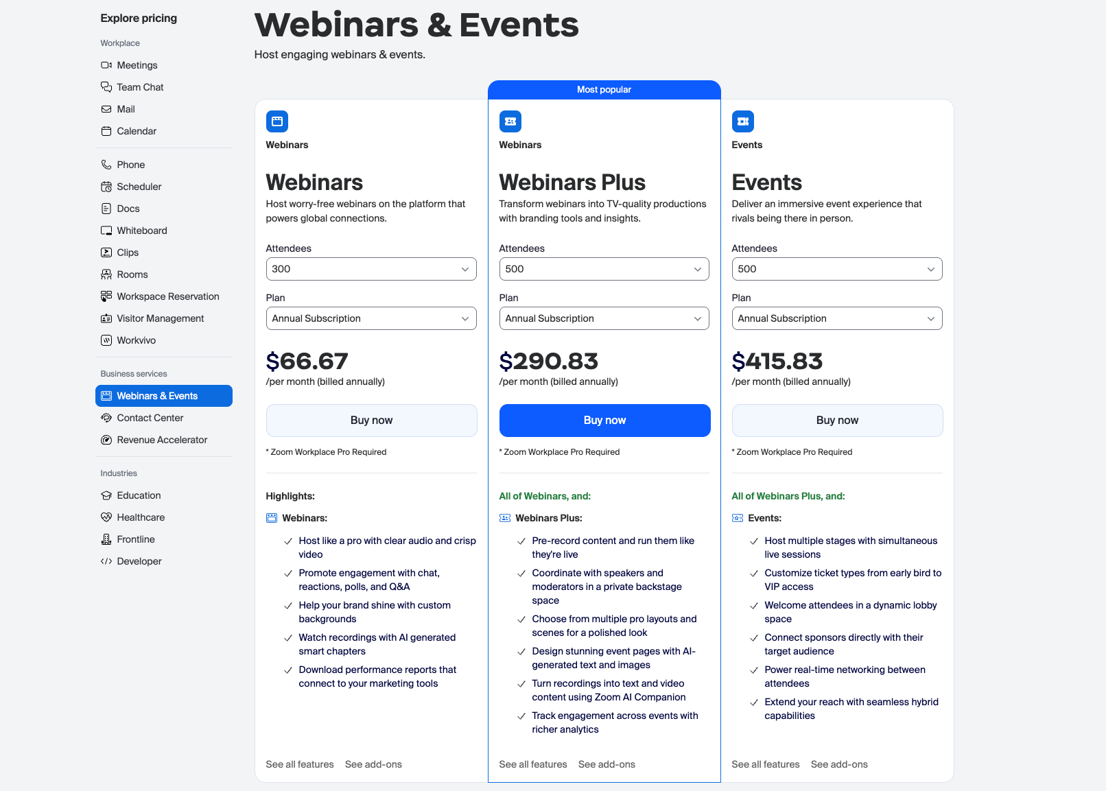 Zoom Webinars & Events pricing plans