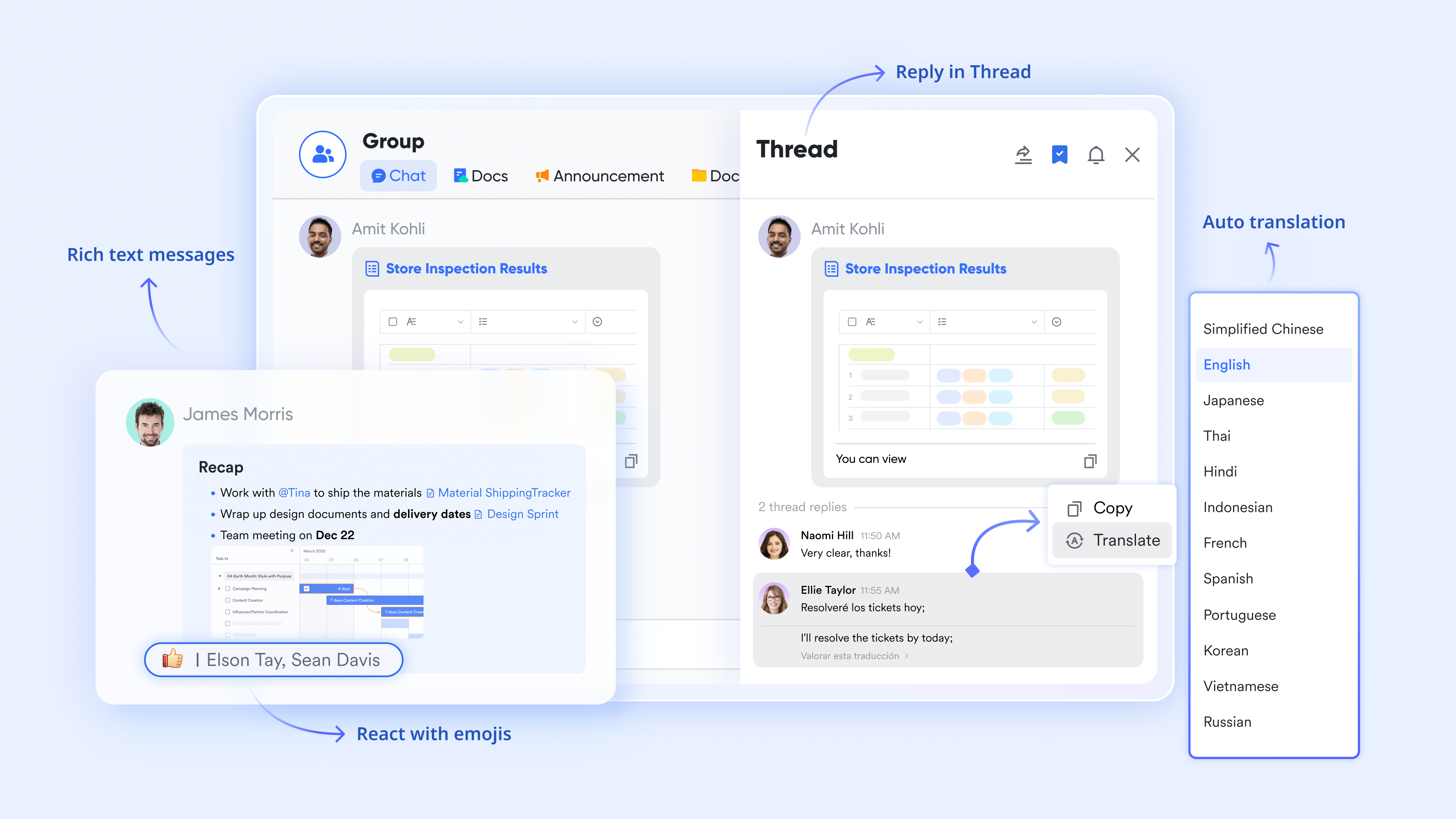 Various messenger features, including emojis, threads, rich text messages, and automatic translation