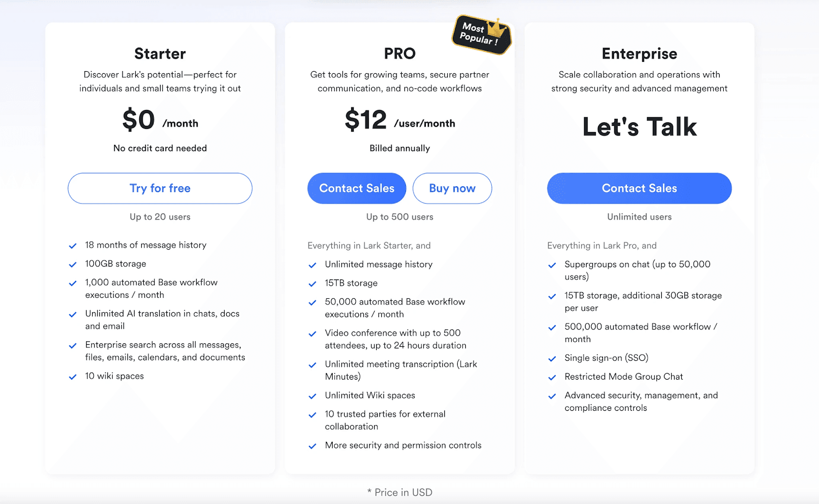 An image showing Lark's pricing page