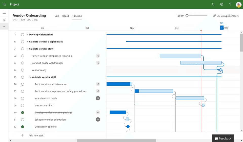 Microsoft Project interface displaying a timeline
