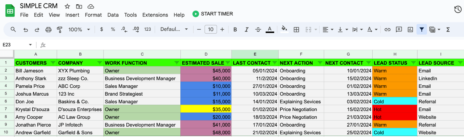 Google sheets simple CRM tracker